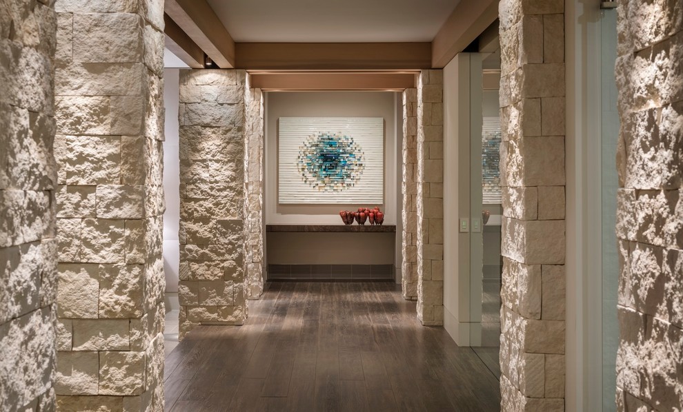 Inspiration for a contemporary hallway in Orange County with beige walls, dark hardwood floors and brown floor.