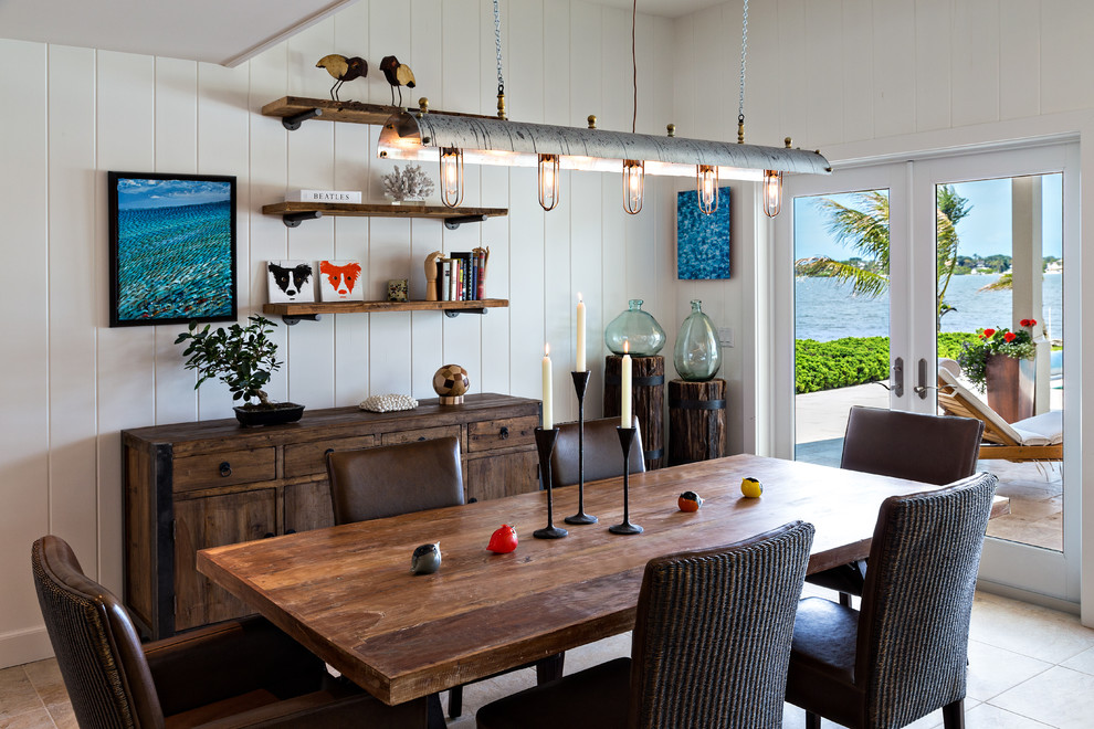 Inspiration for a beach style dining room in Miami with white walls.