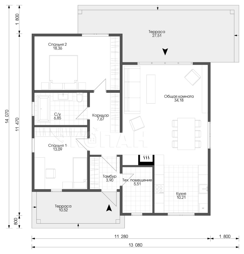 Одноэтажный коттедж 99,77 кв.м
