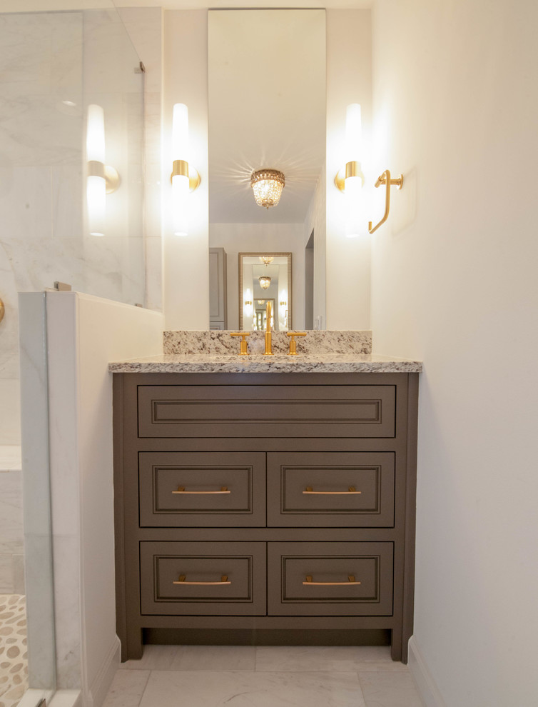 Mid-sized modern master bathroom in Atlanta with grey cabinets, a one-piece toilet, white tile, marble, white walls, marble floors, an undermount sink and granite benchtops.