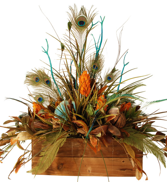 Large Fl In Wooden Box With Pea Feathers Rustic Large Fl In Wooden Box With Pea Feathers Rustic Artificial Flower Arrangements