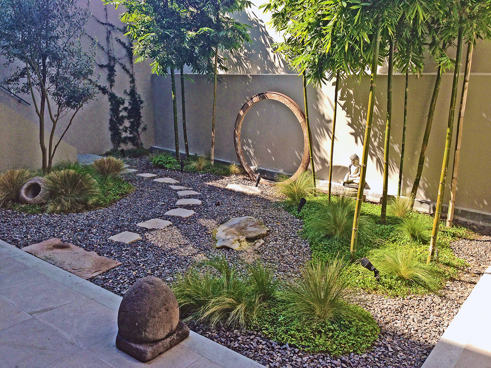 Inspiration for a small asian backyard patio in Other with gravel.