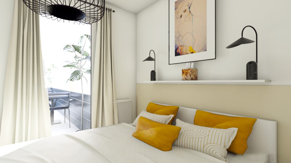 Свежая идея для дизайна: хозяйская спальня среднего размера в современном стиле с бежевыми стенами, полом из ламината и серым полом без камина - отличное фото интерьера