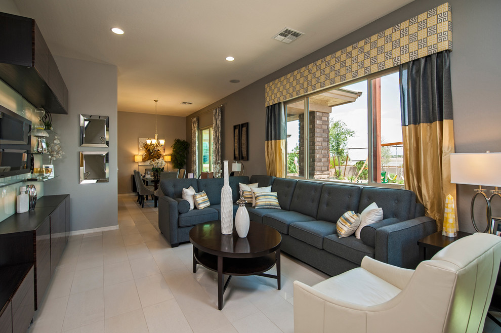 Photo of a contemporary family room in Phoenix with grey walls.