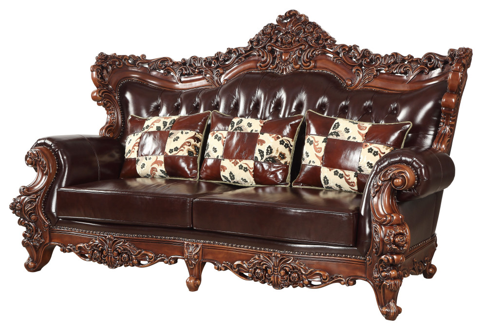 Sofa With 3 Pillows, Espresso Top Grain Leather Match/Walnut