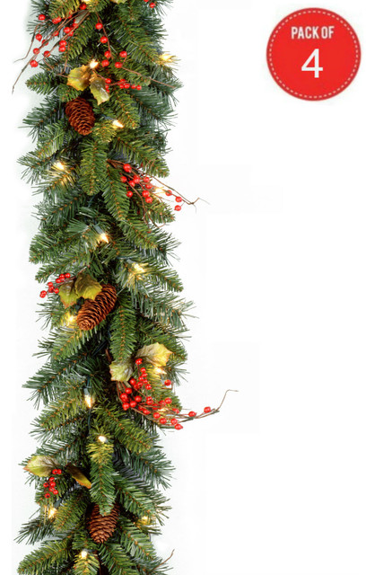9' x10" Classical Collection Garland, Red Berries, Cones, Holly Leaves(Pack of 4