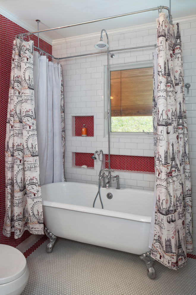 Inspiration for a mid-sized eclectic master bathroom in Austin with shaker cabinets, white cabinets, a claw-foot tub, a shower/bathtub combo, a one-piece toilet, red tile, ceramic tile, red walls, ceramic floors, a vessel sink and solid surface benchtops.