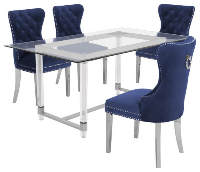 5pc. 68" x 40" Glass Set with 4 Chairs and Silver Stainless