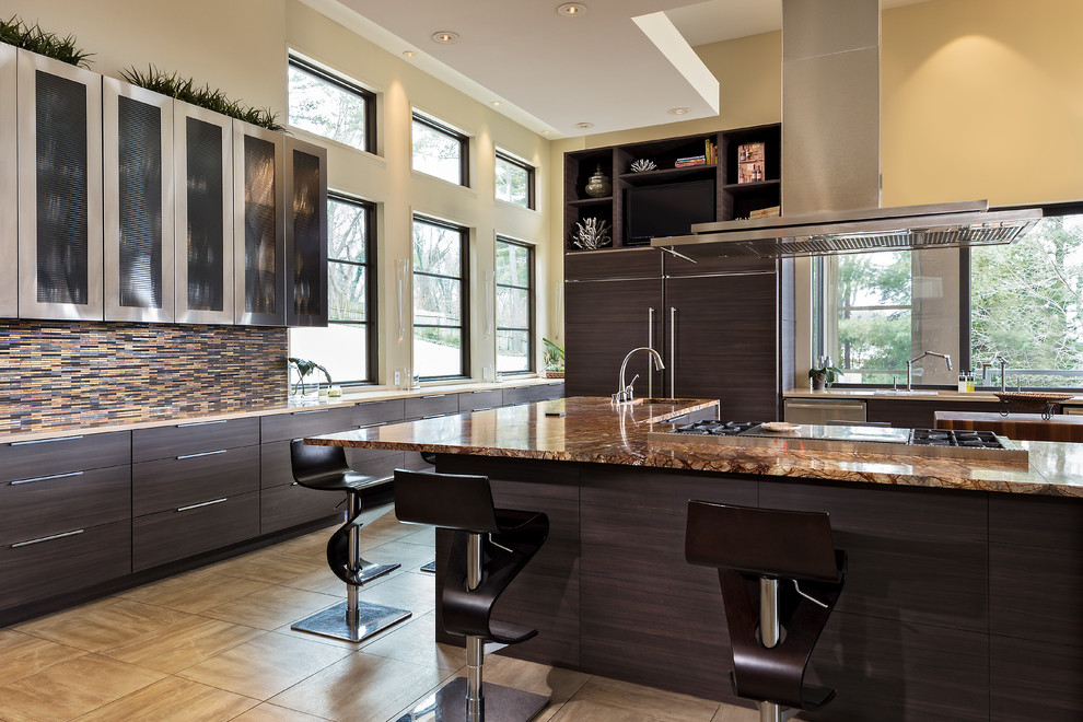 This is an example of a contemporary kitchen in Other with flat-panel cabinets, dark wood cabinets, multi-coloured splashback, matchstick tile splashback, panelled appliances and with island.