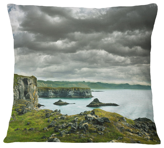 Icelandic Coast Under Dark Clouds Seashore Throw Pillow, 16"x16"