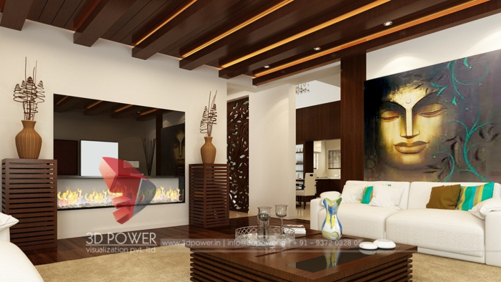 Aménagement d'une grande salle de séjour mansardée ou avec mezzanine asiatique avec un sol en marbre et un plafond décaissé.