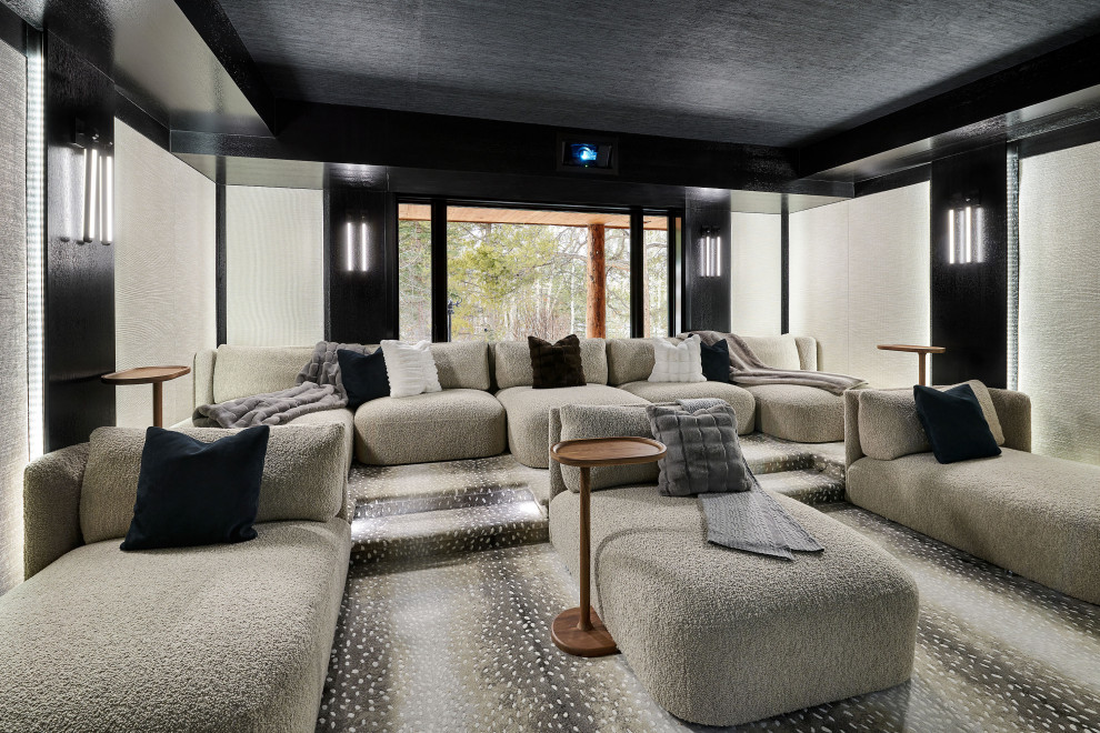 Inspiration for a rustic home theater remodel in Denver