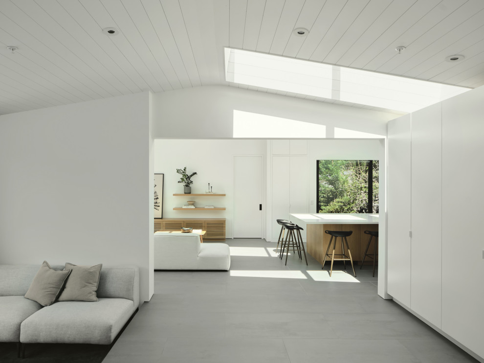 Идея дизайна: большая открытая гостиная комната в стиле модернизм с белыми стенами, полом из керамогранита, телевизором на стене, серым полом и сводчатым потолком