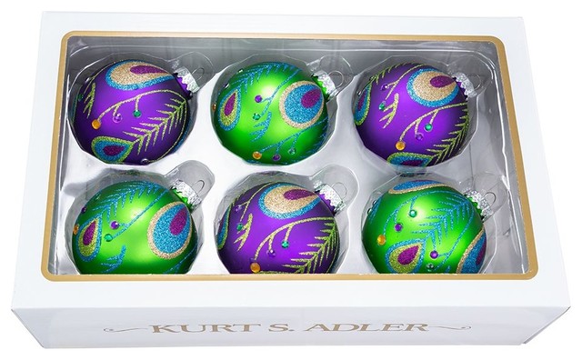 Kurt Adler 80 mm Peacock Purple/Green Glass Balls, 6-Piece Set