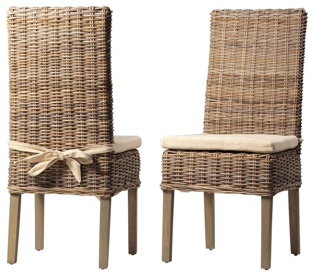 19"W Mia Dining Chair Woven Kubu Rattan Solid Hardwood Frame Off White