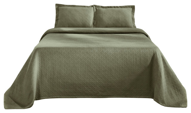 Jacquard Matelassé Cotton Basketweave 3-Piece Bedspread Set, Sage, King