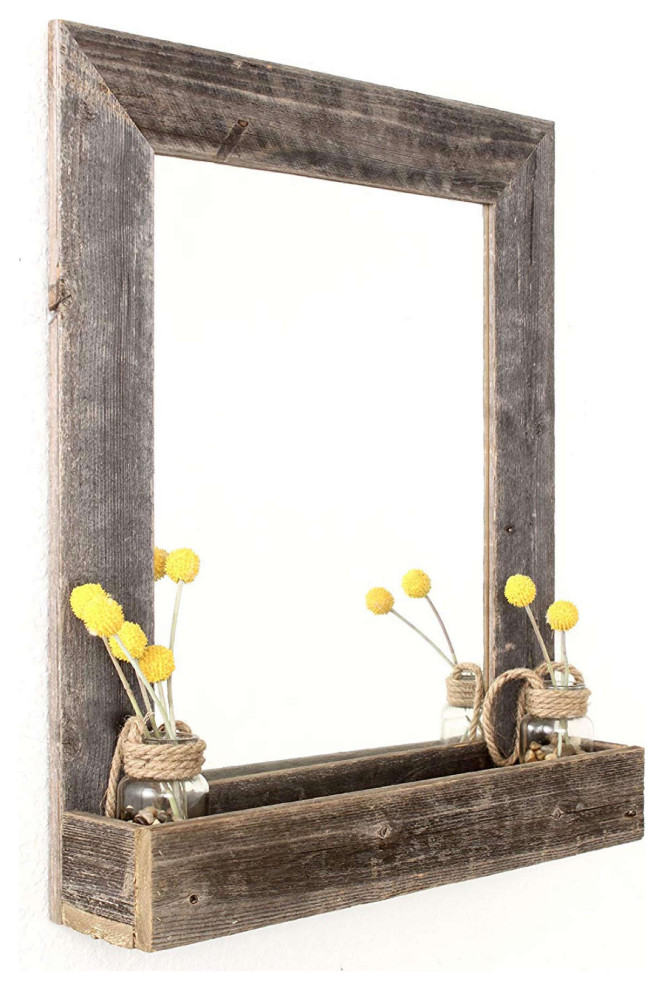 Rustic Weathered Gray Reclaimed Wood Plank Mirror With Shelf Rustic