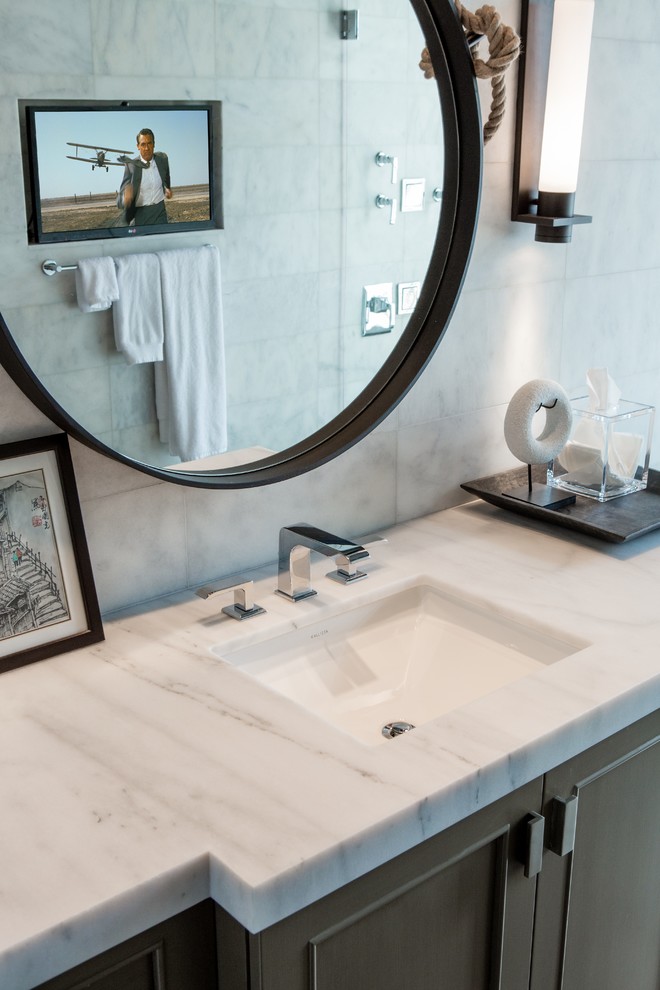 Design ideas for a large transitional master bathroom in Miami with an undermount sink, shaker cabinets, dark wood cabinets, marble benchtops, an open shower, a one-piece toilet, white tile, stone tile, grey walls and marble floors.