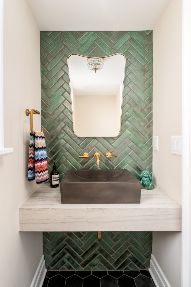 Large transitional green tile and ceramic tile dark wood floor and black floor powder room photo in New York with beige cabinets, beige walls, a vessel sink, beige countertops and a floating vanity