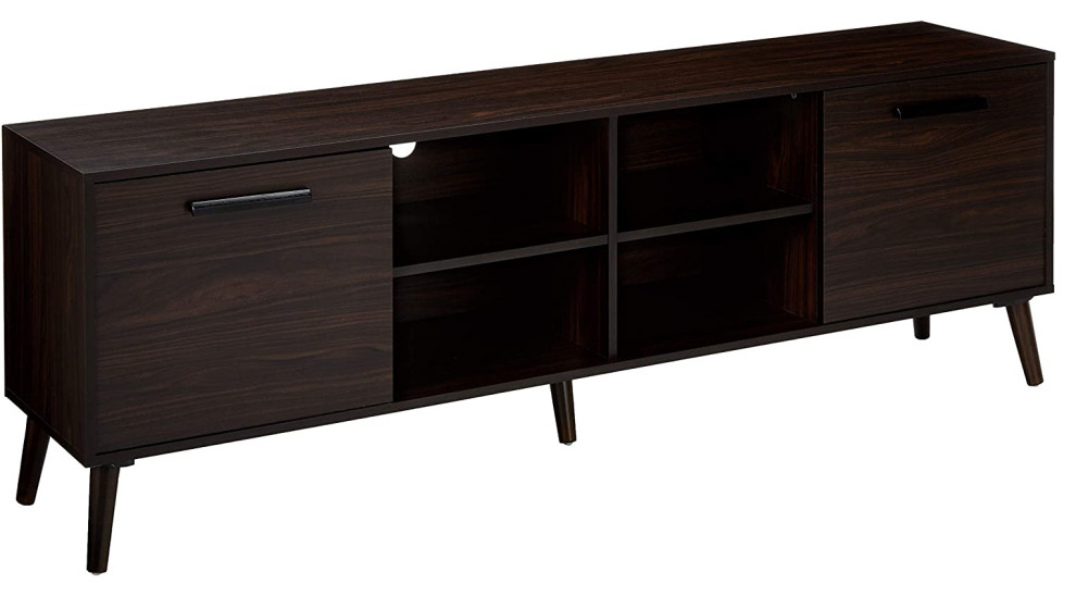 Large TV Stand, Angled Rubberwood Legs With 4 Open Compartments, Dark