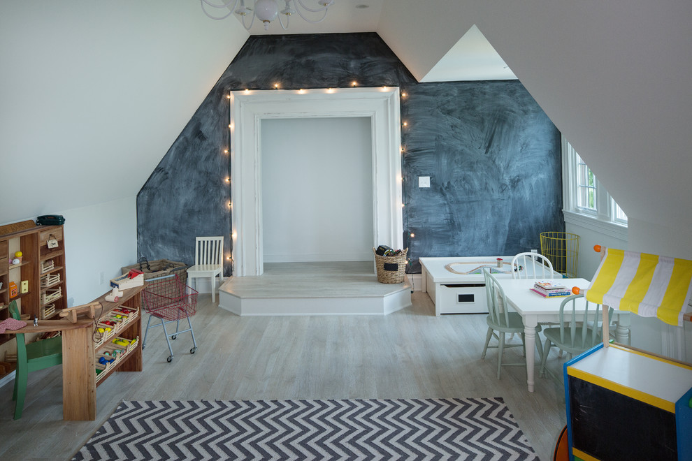 Mid-sized transitional gender-neutral light wood floor playroom photo in Indianapolis with white walls