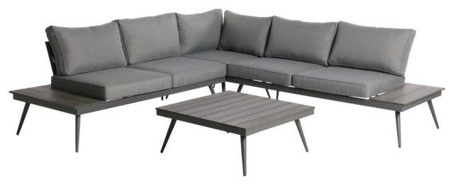 GDF Studio Deborah Outdoor Faux Wood and Aluminum V-Shaped 5 Seater Sofa Set, Gray Finish/Gray
