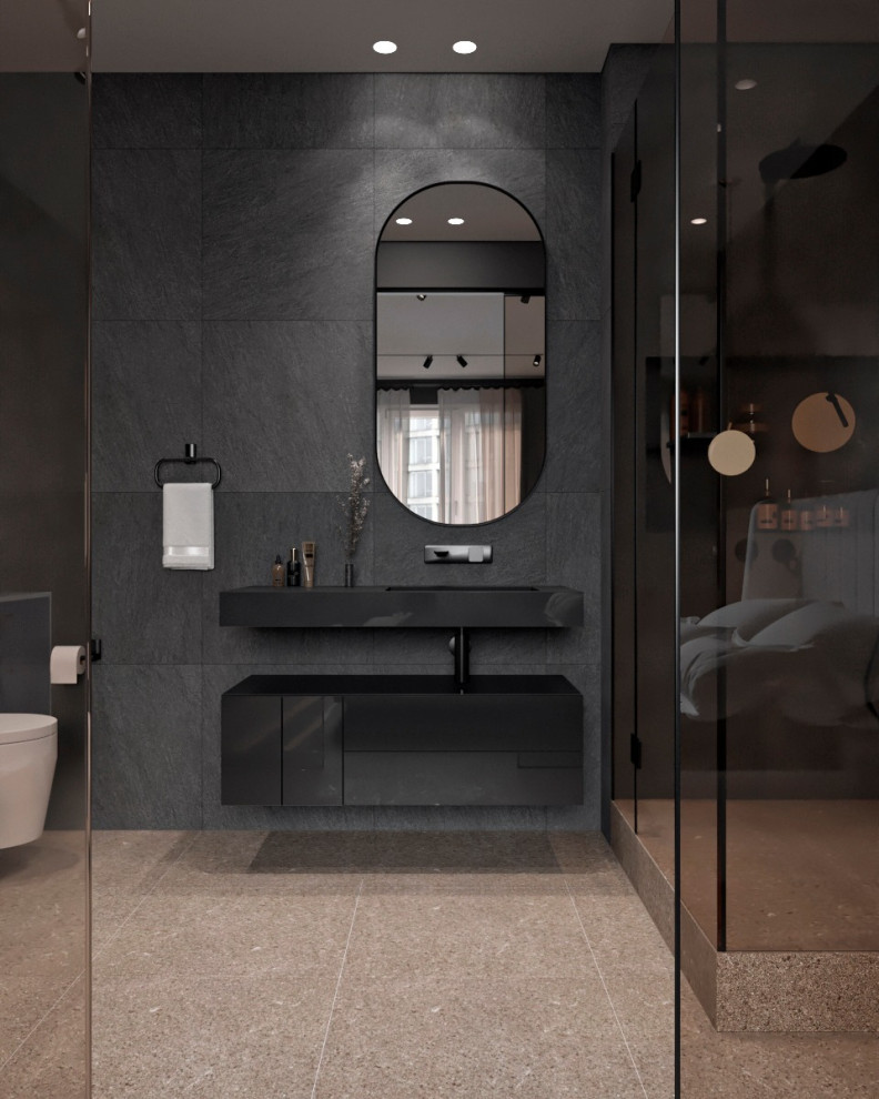 Стильная спальня с ванной за стеклянной перегородкой