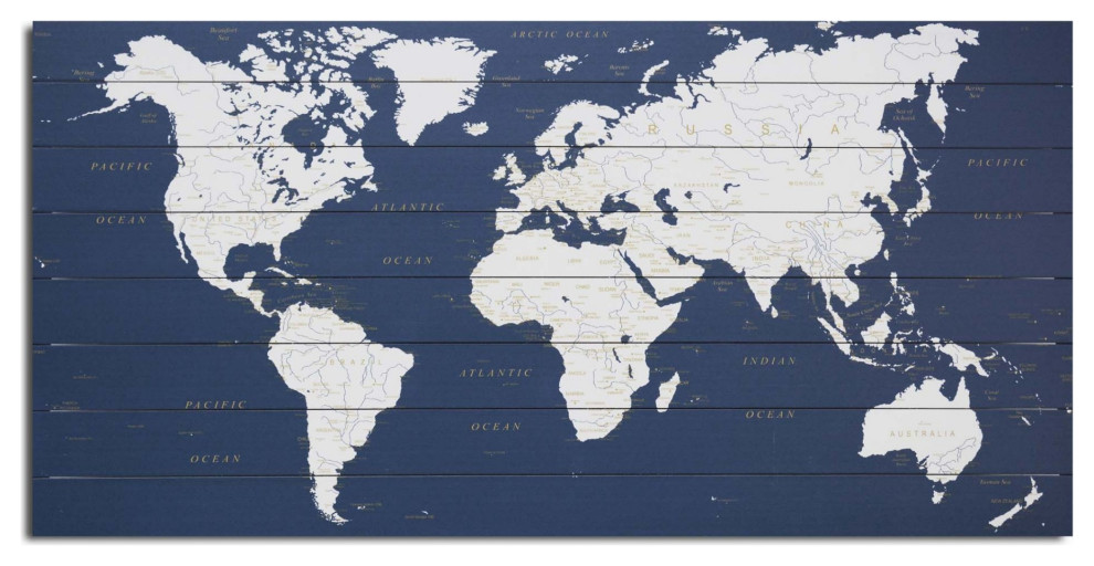 Blue and White World Map Wood Plank Wall Art Contemporary Prints