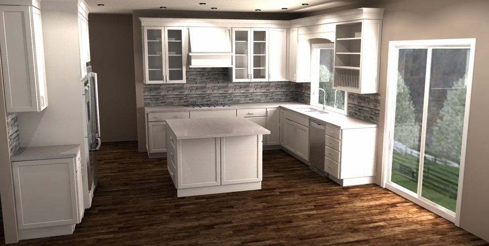Inspiration for a mid-sized transitional dark wood floor kitchen remodel in Seattle with an undermount sink, shaker cabinets, white cabinets, quartzite countertops, gray backsplash, stone tile backsplash, stainless steel appliances and an island