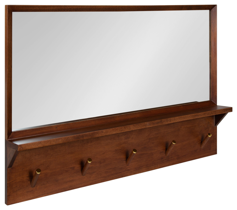 Hinter Pub Wall Mirror with Pegs, Walnut Brown 24x36 Transitional