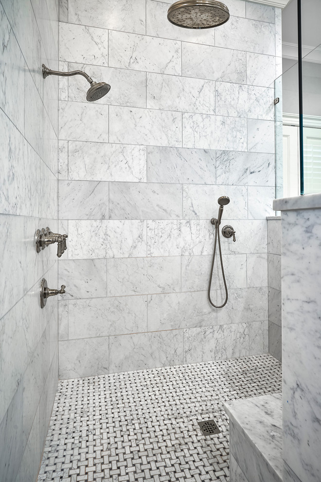 Inspiration for a large contemporary master bathroom in Charleston with furniture-like cabinets, grey cabinets, a curbless shower, a one-piece toilet, white tile, subway tile, grey walls, marble floors, an undermount sink and marble benchtops.