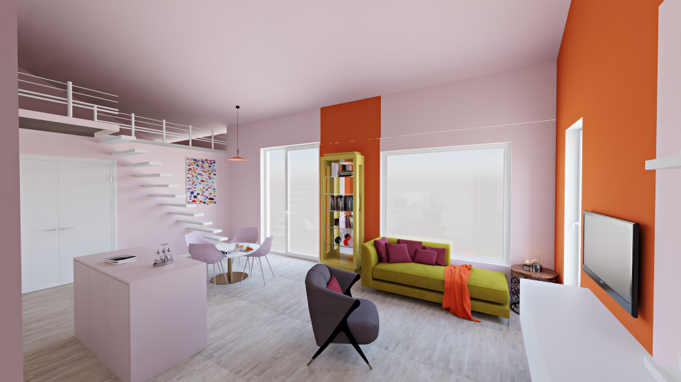 Inspiration pour un très grand salon design ouvert avec un mur orange, parquet clair et un sol marron.