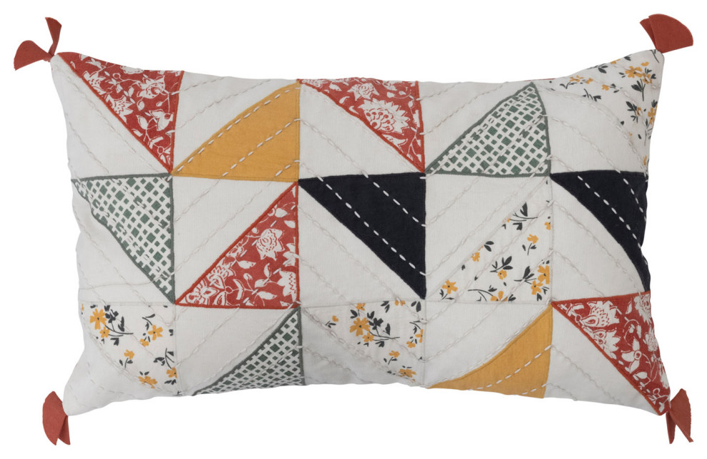 Cotton Patchwork Quilted Lumbar Pillow With Kantha Stitch and Tassels