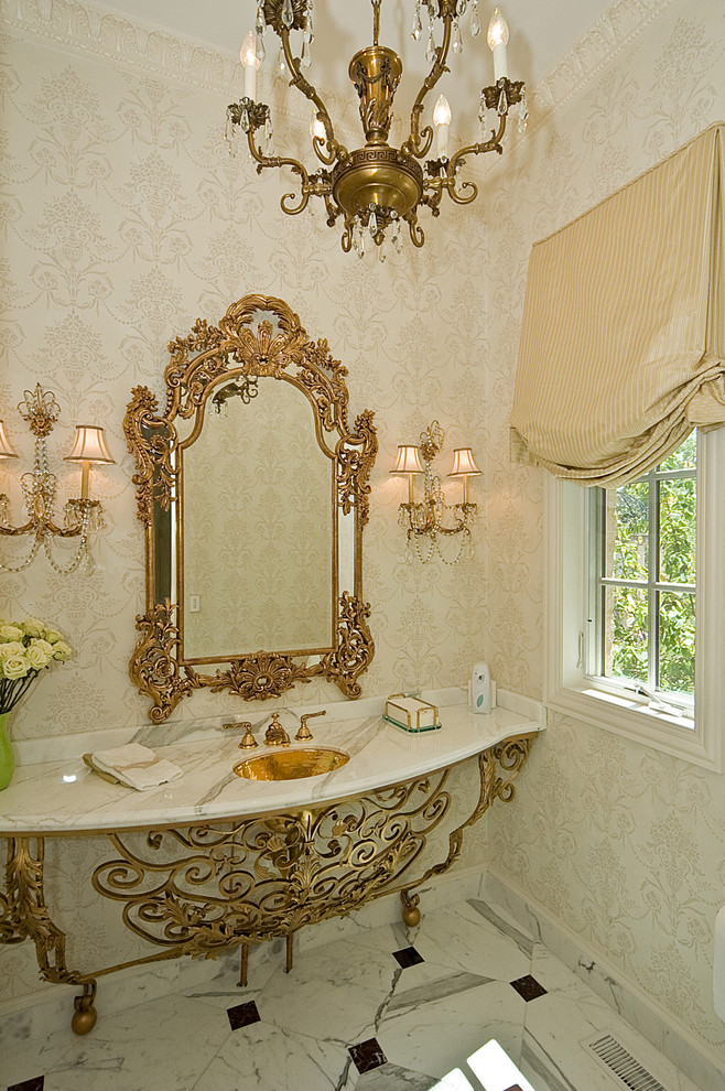 Design ideas for a traditional powder room in Other with an undermount sink and white benchtops.