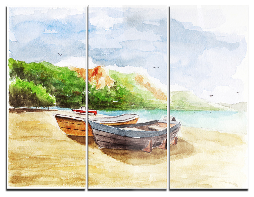 "Watercolor Fishing Boats" Glossy Metal Wall Art, 3 Panels, 36"x28", 36"x28" 3 Panel Rustic