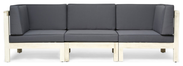Bacall Outdoor Modular Acacia Wood Sofa With Cushions, Weathered Gray/Dark Gray