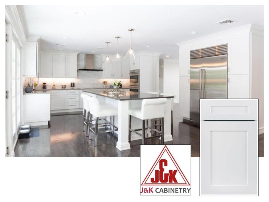 Example of an u-shaped dark wood floor and gray floor eat-in kitchen design in Denver with shaker cabinets, white cabinets, white backsplash, stone tile backsplash, stainless steel appliances and an island