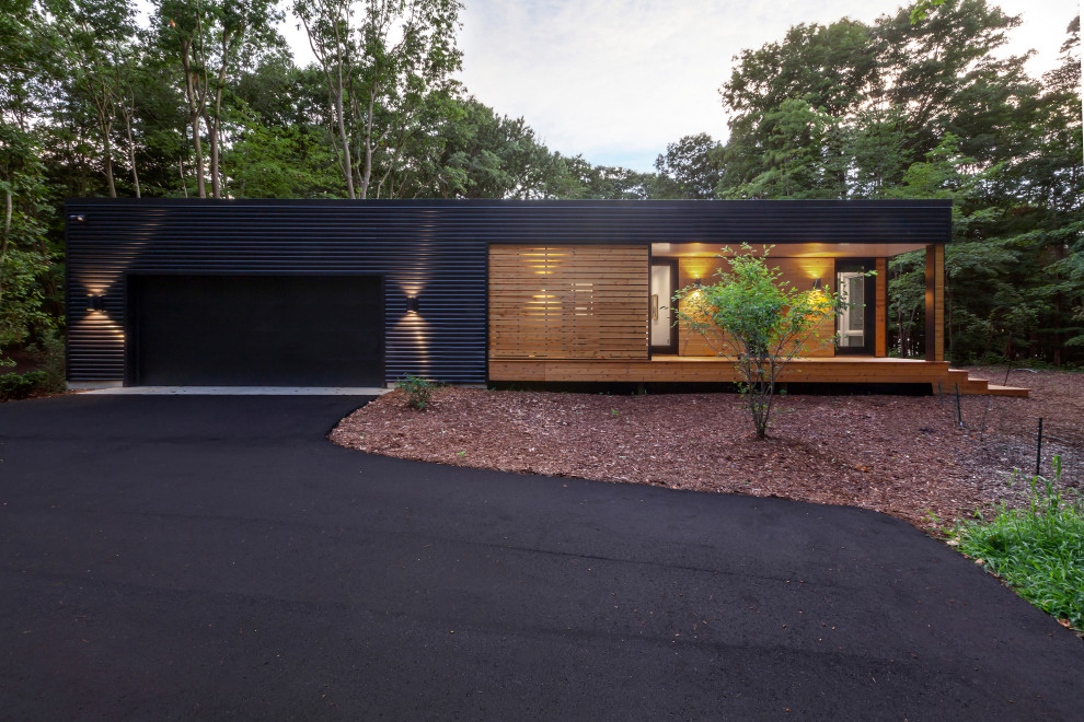 Imagen de fachada de casa negra minimalista de tamaño medio de una planta con revestimiento de metal y tejado plano