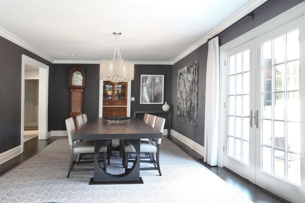 Inspiration for a large contemporary separate dining room in New York with grey walls, dark hardwood floors and no fireplace.