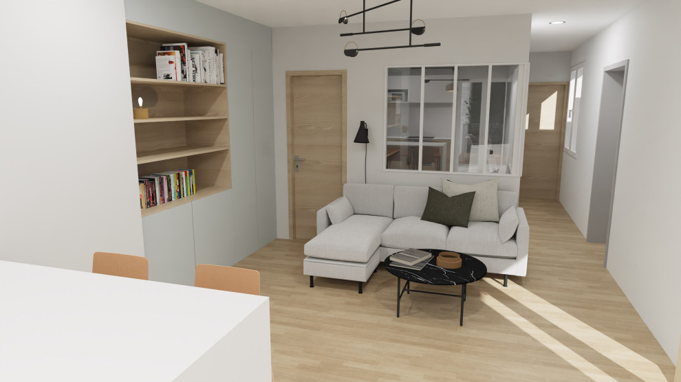 Esempio di un piccolo soggiorno scandinavo aperto con libreria, pareti bianche, parquet chiaro, nessun camino e nessuna TV