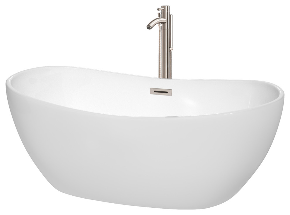 Rebecca 60 to 70" Freestanding Bathtub with options, Brushed Nickel Trim, 60 Inch, Floor Mounted Faucet in Brushed Nickel