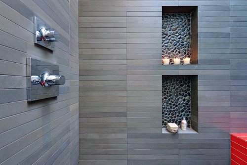 How To Tile Shower Niche With Pebble Stone & Quartz Base 