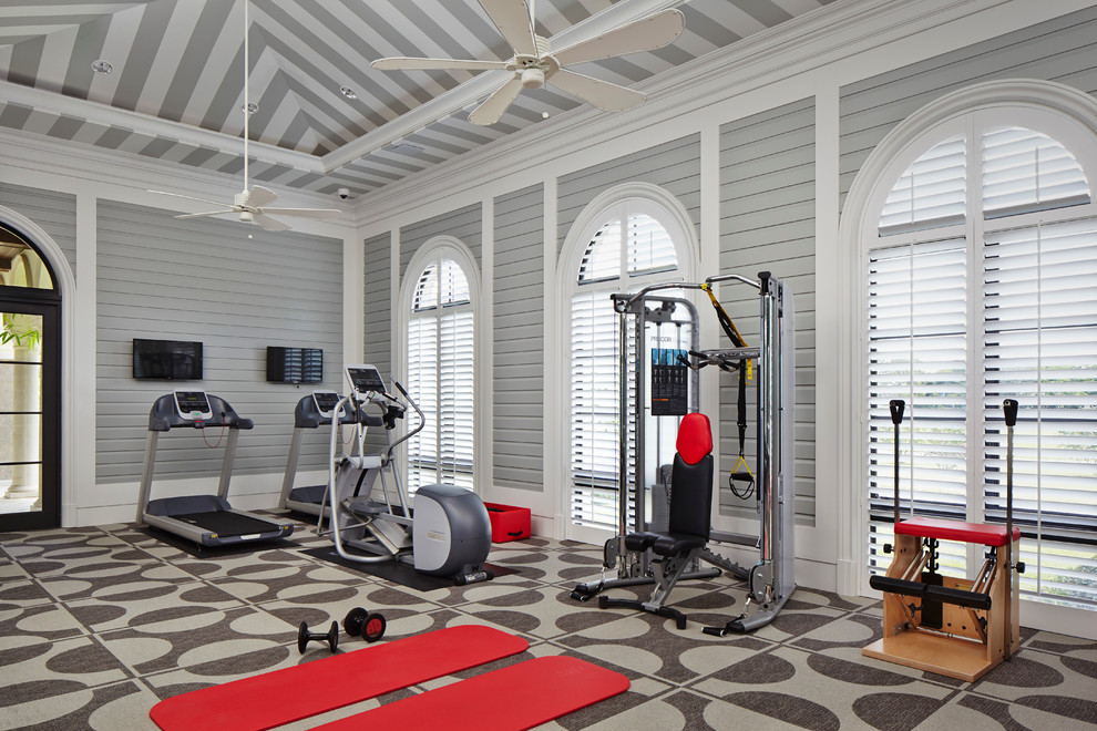 Inspiration for a transitional home gym in Miami with multi-coloured floor.