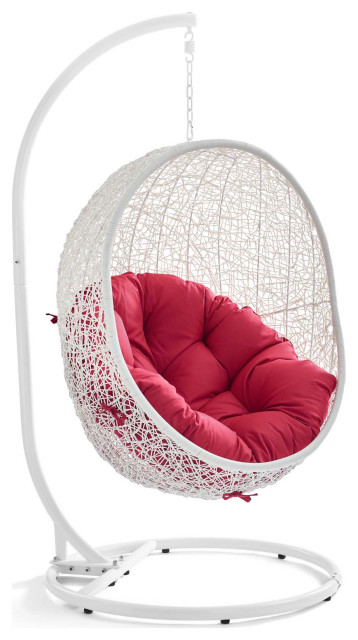 Hide Outdoor Wicker Rattan Swing Chair With Stand, White Red