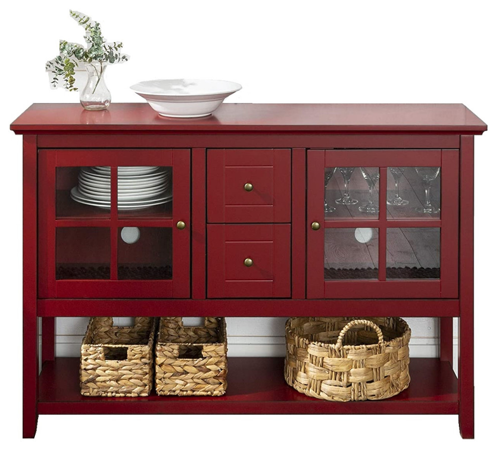 Traditional Console Table, Glass Doors & Drawers With Lower Shelf