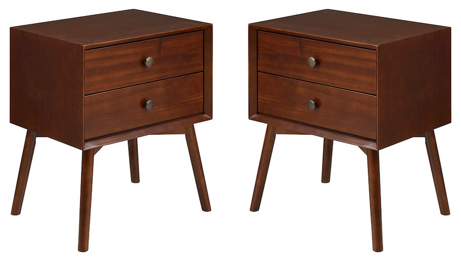 Mid Century Modern 2Piece 2 Drawer Solid Wood Nightstand Set Walnut