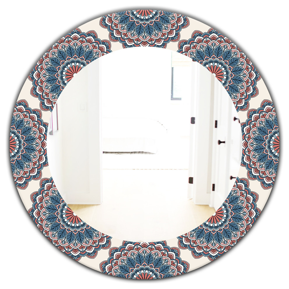 Oriental Pattern Bohemian Eclectic Frameless Round Wall Mirror ...