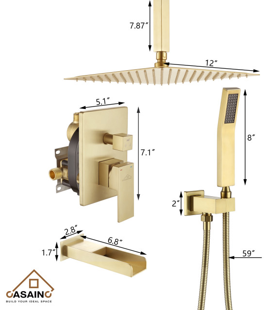 12 inch Ceiling Mount Rain Shower Head System with Cascading Tub Filler ...