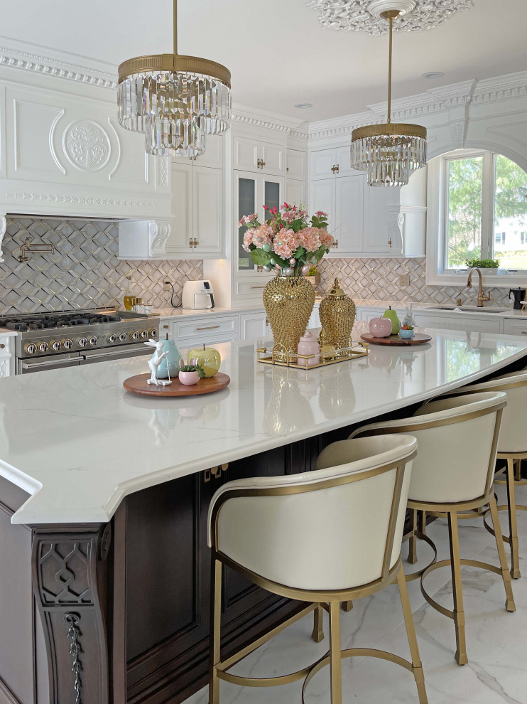 Photo of a large traditional u-shaped eat-in kitchen in New York with an integrated sink, shaker cabinets, white cabinets, quartz benchtops, grey splashback, engineered quartz splashback, stainless steel appliances, marble floors, with island, white floor, white benchtop and coffered.
