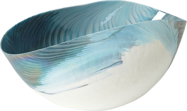 Ivory Turquoise Feather Swirl Oval Bowl Natural, Large